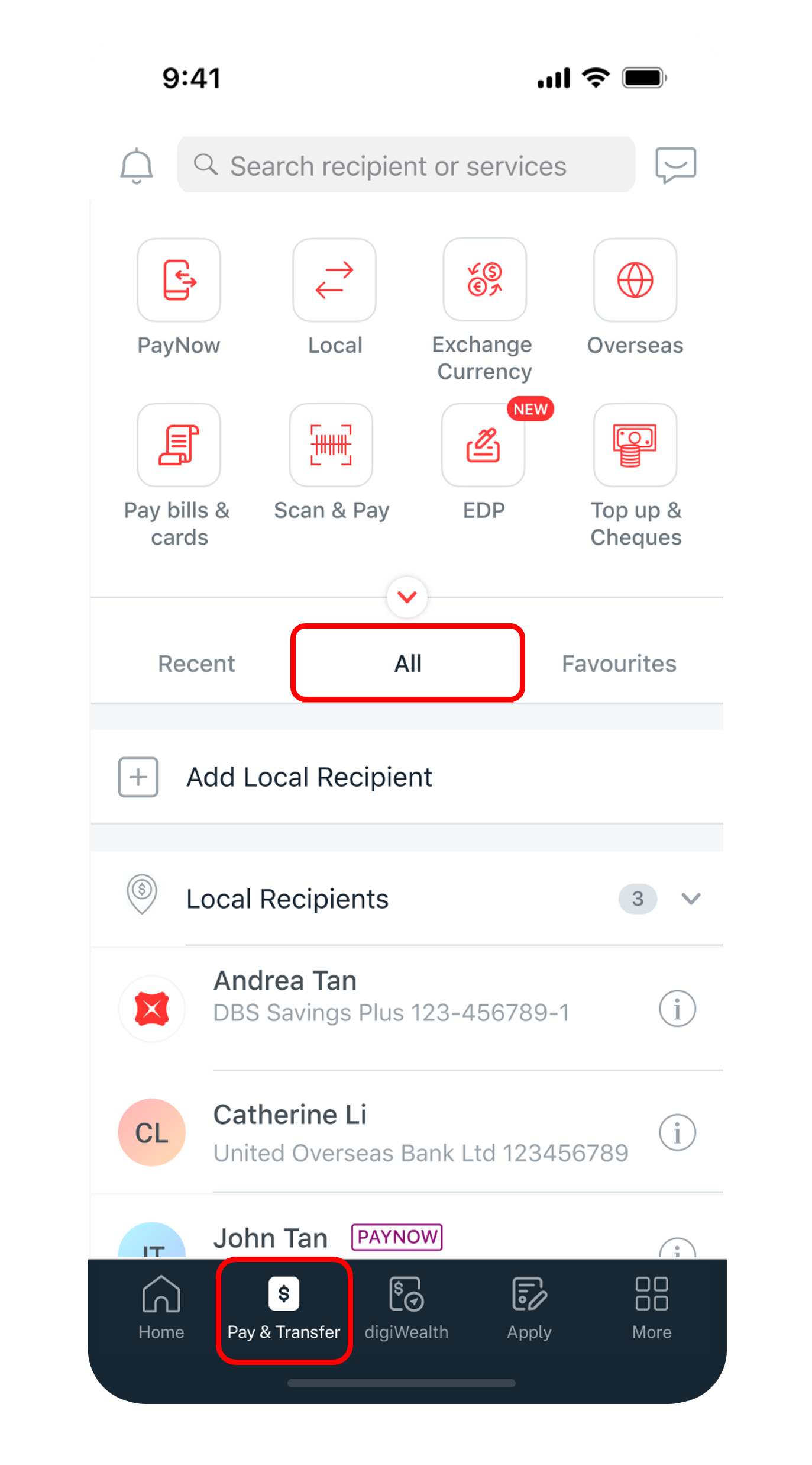 pay and transfer menu