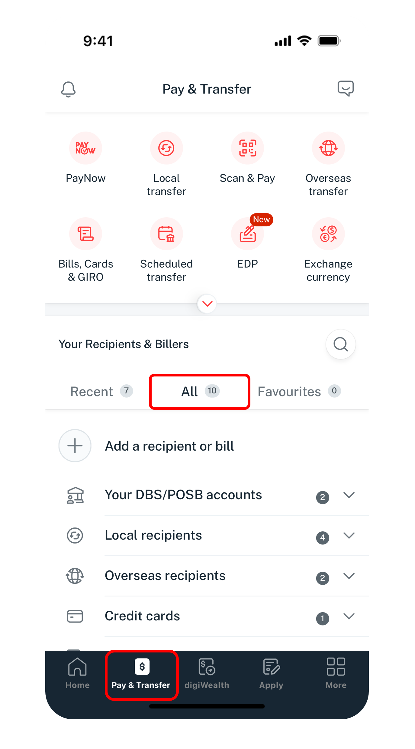 pay and transfer menu