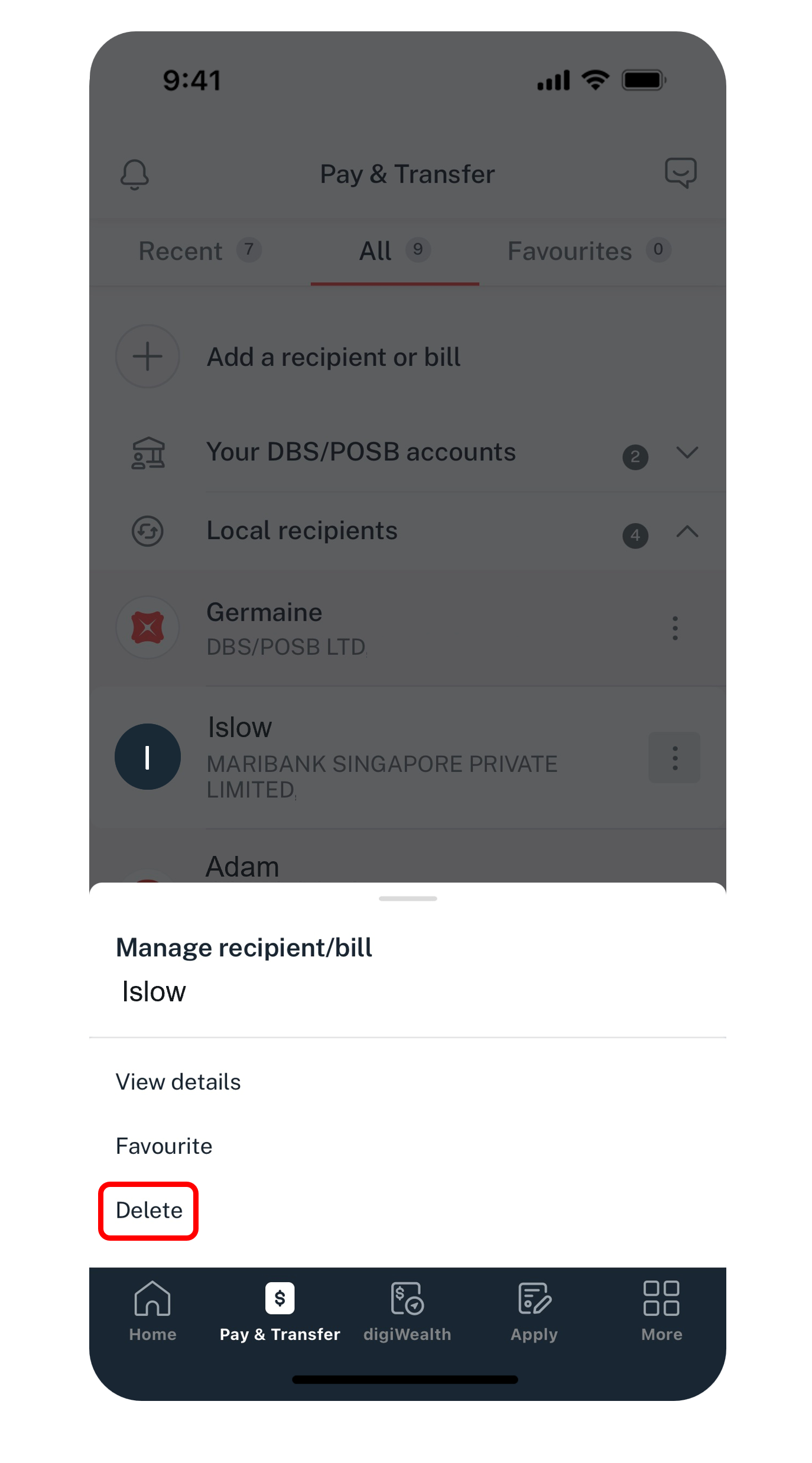 delete recipient