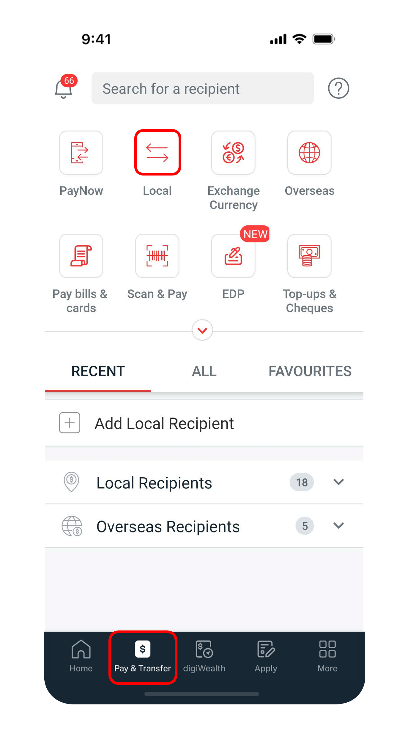 pay and transfer dashboard
