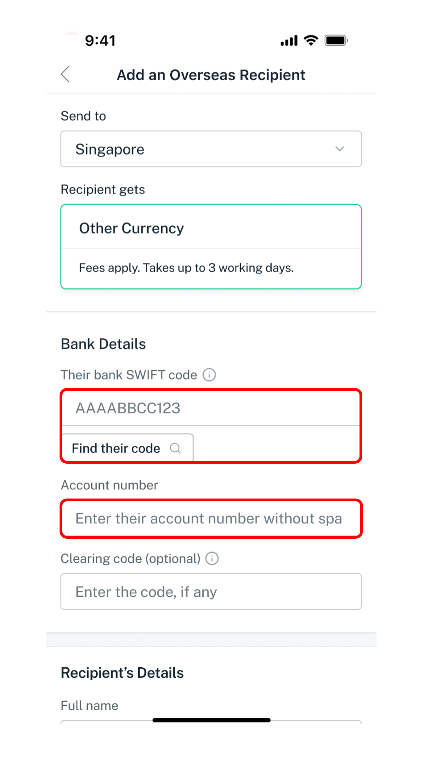 enter swift code