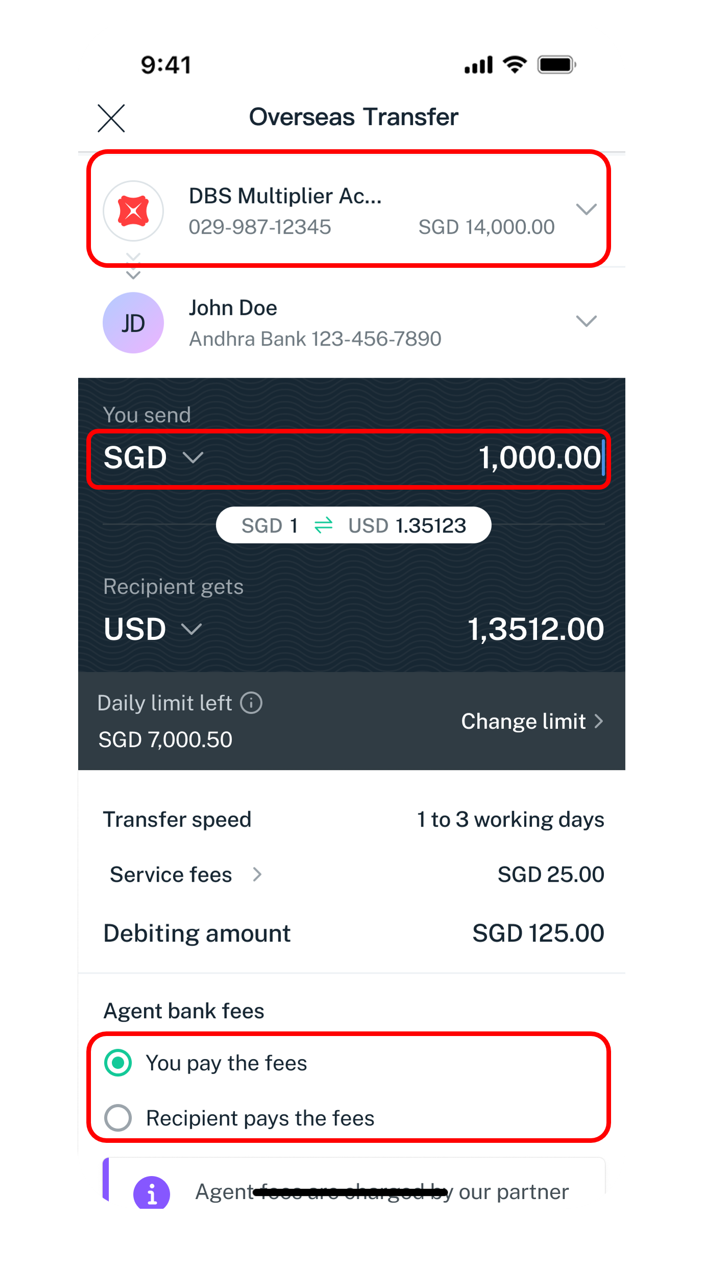 enter transfer details