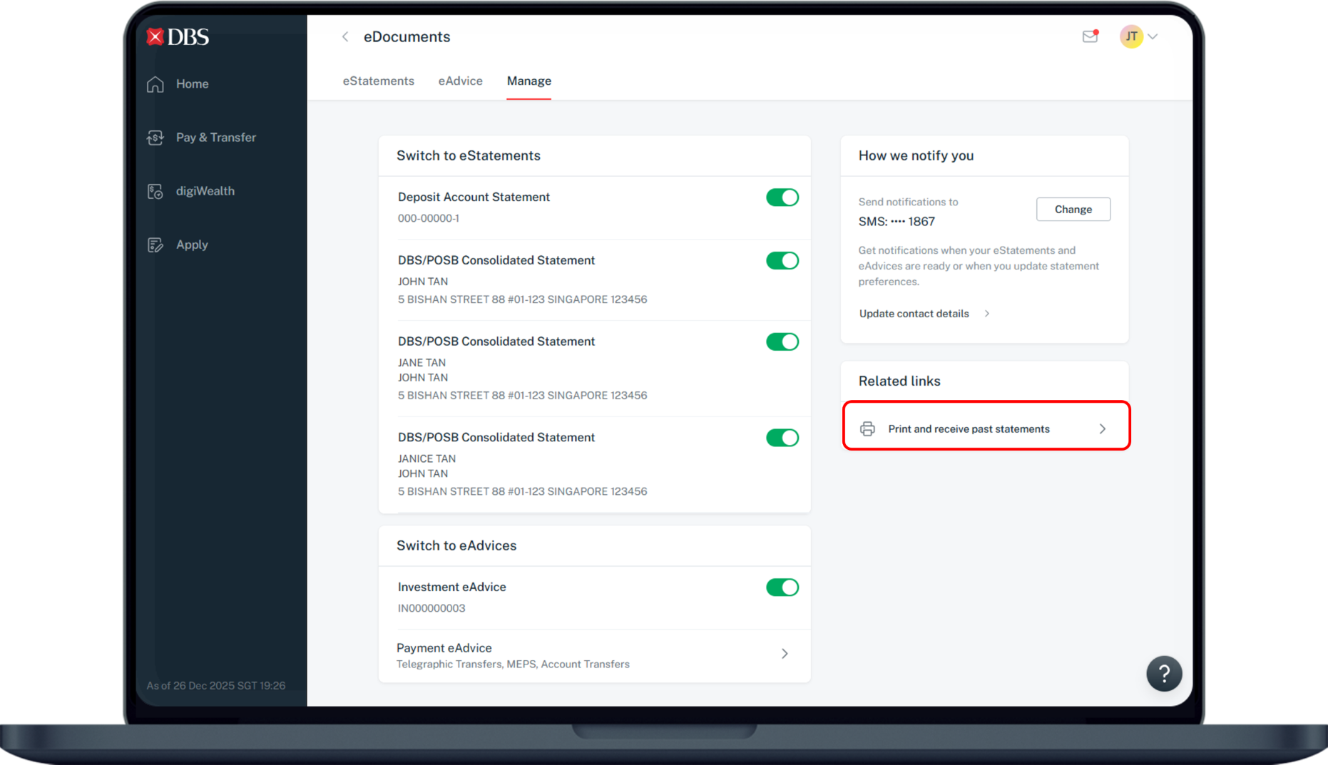 print and receive past statement